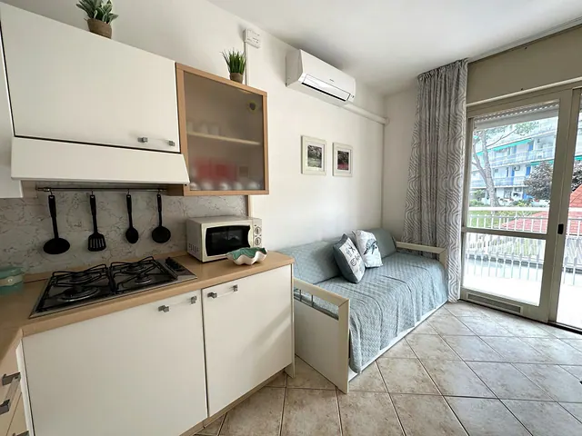 Monolocale con angolo cottura, divano letto e portafinestra