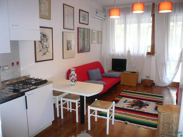 Monolocale con angolo cottura, penisola e divano letto rosso