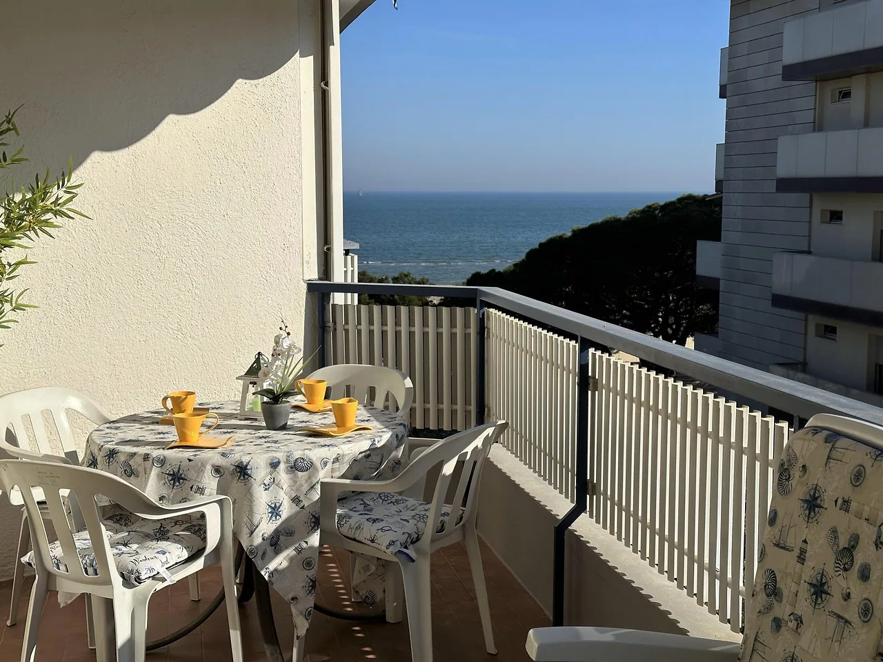 Terrazzo con tavolo apparecchiato e vista laterale sul mare e sulla pineta
