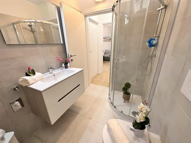 Bagno con box doccia, mobile bianco e specchio