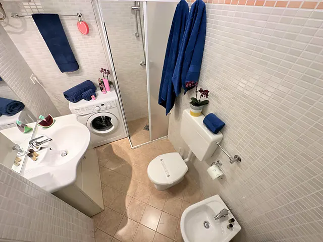 Bagno con lavatrice, doccia e asciugamani blu