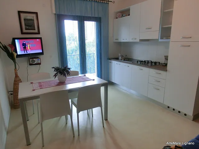 Soggiorno con tavolo, TV e portafinestra