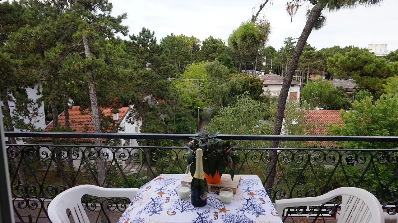Terrazzo con tavolo e vista sulla pineta
