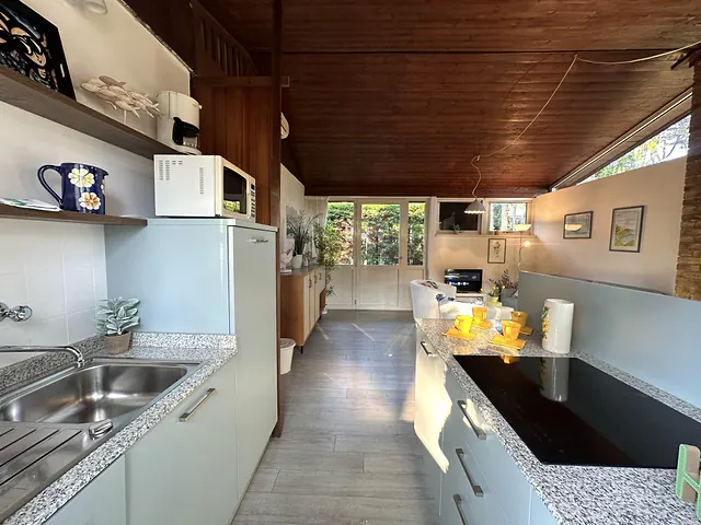 Cucina con lavello e zona giorno sullo sfondo, soffitto in legno